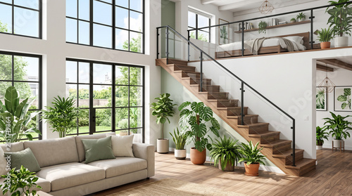 Bright, sun-drenched loft featuring biophilic design, wooden stairs, and a mezzanine bedroom filled with lush greenery.