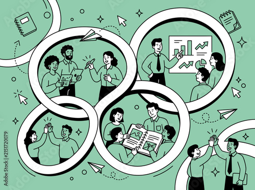 Business teamwork and collaboration concept illustration with diverse people working together in connected circles for corporate success