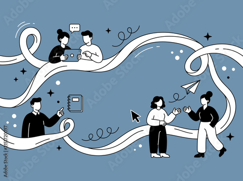Abstract business networking illustration depicting people collaborating through digital connection paths and team communication in a flat minimalist line art style