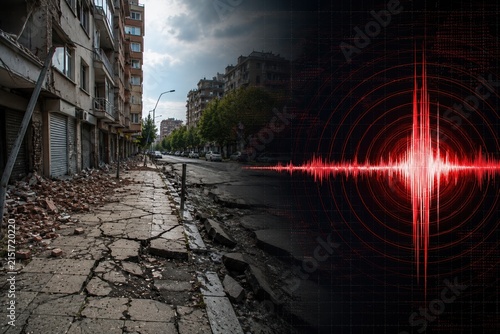 Realistic earthquake aftermath with damaged buildings, cracked roads, rubble, and a digital seismic waveform overlay.