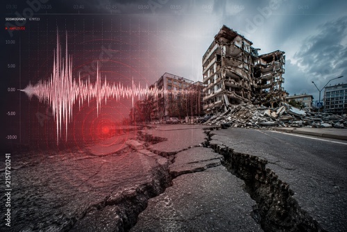 Realistic earthquake aftermath with damaged buildings, cracked roads, rubble, and a digital seismic waveform overlay.