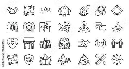 Bild auf Leinwand Teamwork and Collaboration Outline Icon Set with Partnership Cooperation Unity a