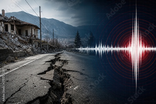 Realistic earthquake aftermath with damaged buildings, cracked roads, rubble, and a digital seismic waveform overlay.