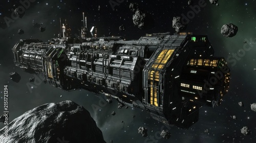 Spaceship docked on asteroid in deep space with floating rocks