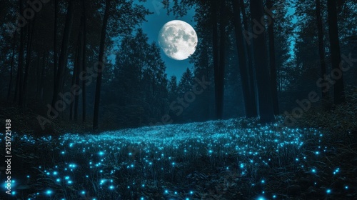 Enchanting forest at night with glowing blue lights and full moon