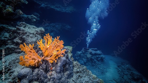 Vibrant orange coral in dark underwater cave with bubbles rising