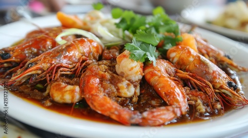 Steaming bowl of asian cuisine with shrimp and vegetables on table