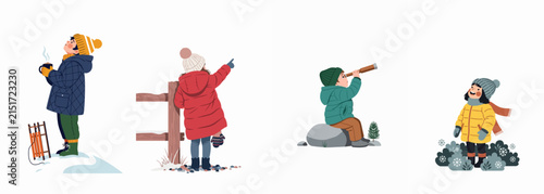 Bild auf Leinwand Set of four cute children in colorful winter clothing enjoying outdoor winter activities like sledding, exploring, and playing in the snow