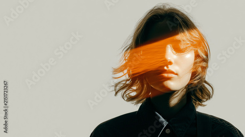 a person with short curly hair, wearing a black collared shirt. A bright orange band of light horizontally obscures the eye area. The background is a clean, light color, and the overall style 