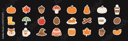 Autumn harvest sticker collection with pumpkins and seasonal icons stickers seasonal mushroom thanksgiving collection elements halloween decoration illustration november