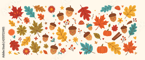 Autumn harvest elements collection with leaves and acorns seasonal thanksgiving collection illustration colorful november woodland botanical