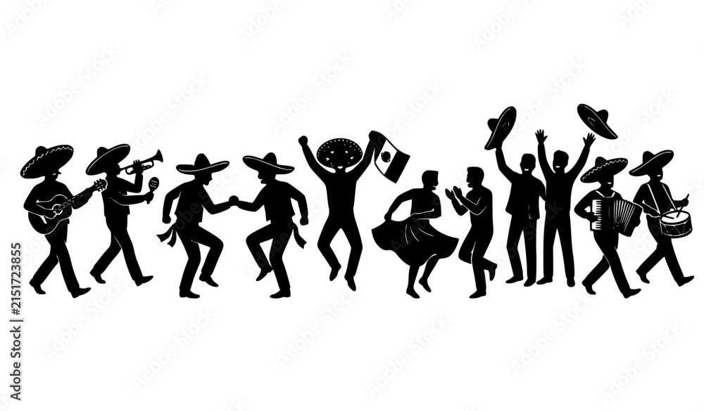 Obraz premium Mexican fiesta silhouettes with sombrero dancing and music Cinco de Mayo vector collection