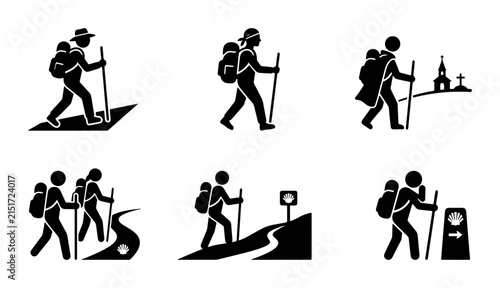 Canvas Print Pilgrim Icons Set, Walking Stick Figures, Backpackers, Hiking Journey, Travel Ad