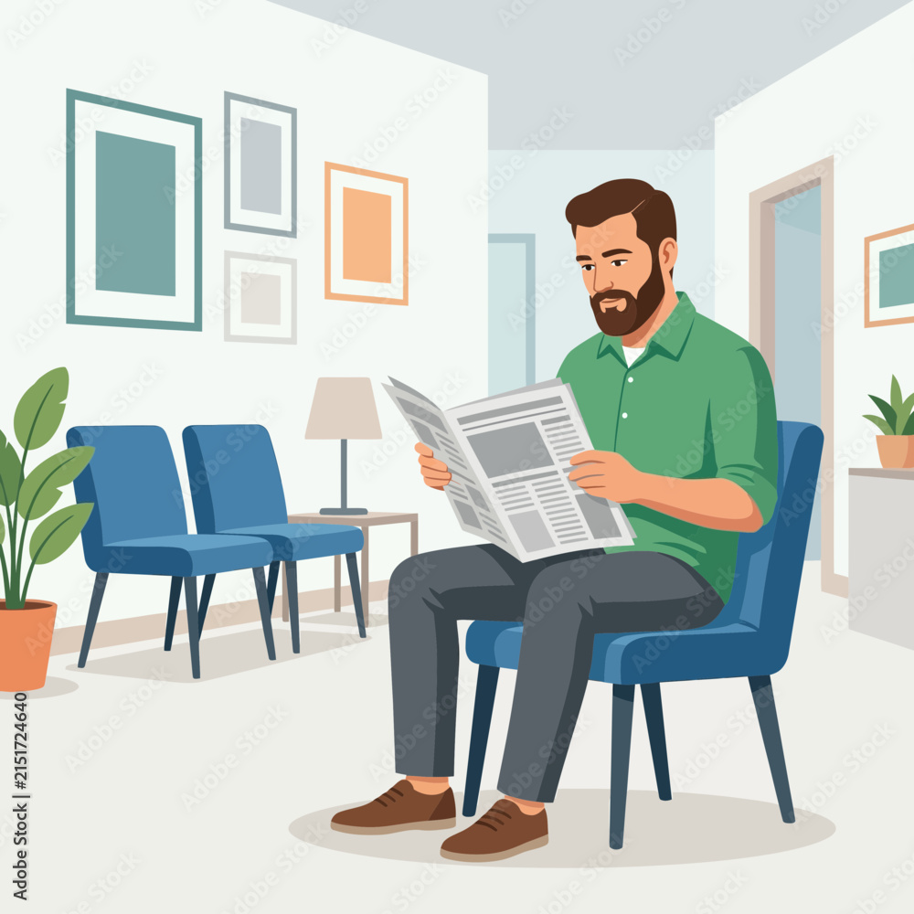 Fototapeta premium Man Reading Newspaper in Waiting Room