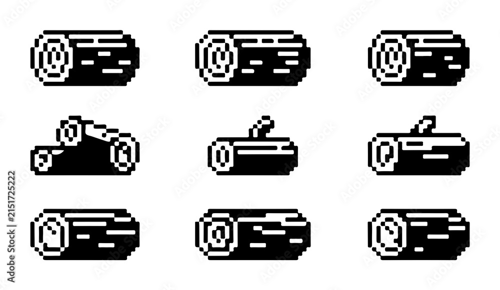 Obraz premium Isolated collection of wood log icons in pixel art style for forestry and building material visualization.