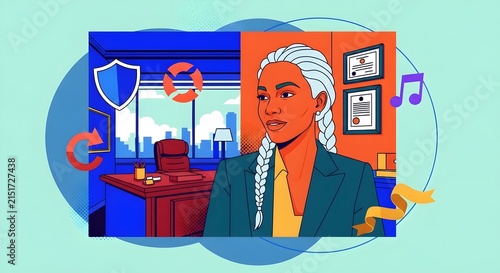 Illustrated woman in judicial wig presenting a legal case in a modern courtroom filled with digital icons and documents.