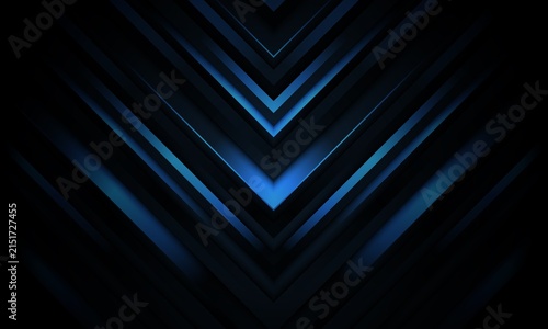 Konstfotografi Abstract dark background with glowing blue v shaped light streaks converging in