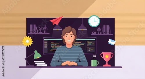 Cartoon depiction of a programmer celebrating successful coding with achievement icons and development tools.