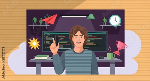 Animated graphic of a developer presenting a project with digital success indicators and technical symbols.