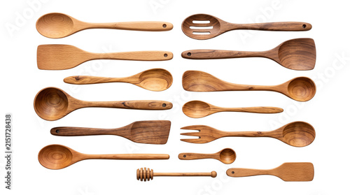 Wooden kitchen utensils cooking tools set spoons spatulas whisks.