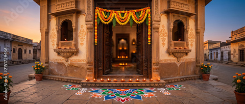 Decorated Indian temple entrance with marigold garlands, oil lamps and colorful rangoli during a traditional festive celebration