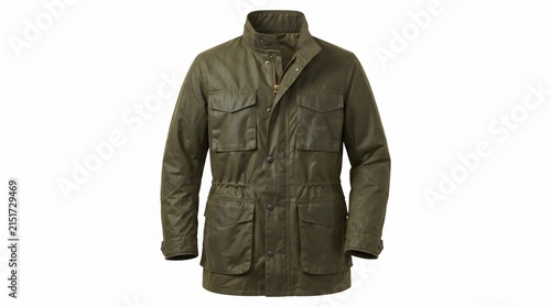 Military green field jacket with utility pockets, olive drab waxed cotton safari coat, rugged outdoor mens utility jacket on white background