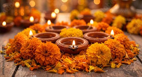 Traditional Diwali diyas surrounded by orange and yellow marigold flowers on rustic wooden surface for warm Indian festival celebration