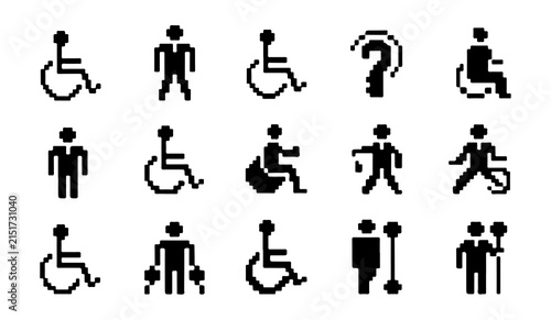 Bild auf Leinwand A compilation of pixelated black icons depicting disabled individuals in wheelchairs and walking