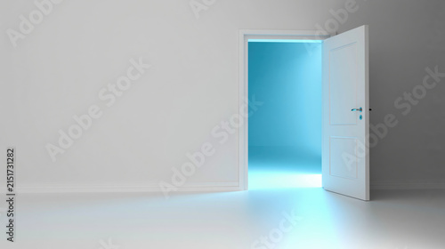 Minimal hidden door emerging from lower left corner, open white door to blue light in empty room