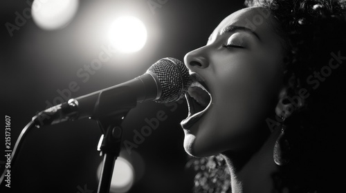 Female singing into vintage microphone in dramatic lighting