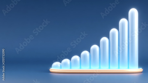 This 3D render features 8 glowing translucent light blue cylindrical bars arranged in ascending height order, placed on a thin golden base, against a solid deep blue background.

