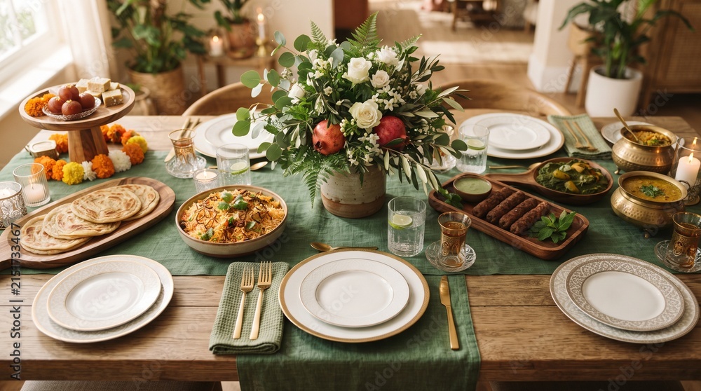 Fototapeta premium Festive Dining Table with Floral Centerpiece, White Roses and Gold Cutlery on Green Table Runner