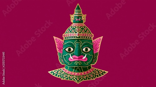 A simple, modern Thai-style illustration depicting characters from a mural painting, decorated with gold borders, symmetrical facial proportions, and a dark pink background. Sticker style, vector imag