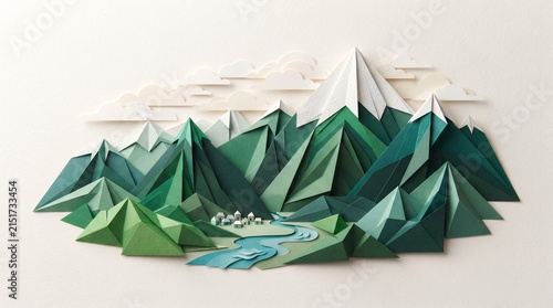 Paper Art Minimalist Mountain Landscape with Green Peaks and Blue River on Beige Background