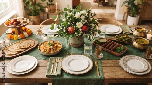 Festive Dining Table with Floral Centerpiece, White Roses and Gold Cutlery on Green Table Runner