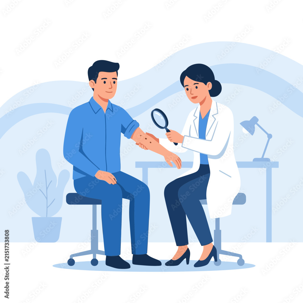Fototapeta premium Dermatologist examining a patient's skin condition with a magnifying glass in a modern clinic setting.