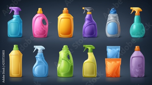 Premium 3D vector display boards, cleaning product packaging, spray bottles, detergent containers, refill pouches, brightly colored, isolated objects.