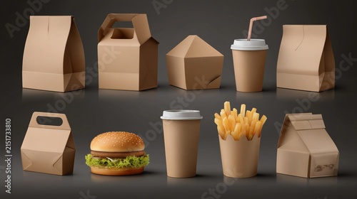 Premium 3D vector mockup collection board, fast food packaging, burger boxes, drink cups, takeaway bags, fries containers, isolated objects, no text