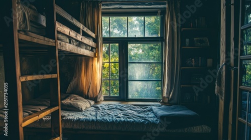 Cozy bedroom with brick walls and sunlight through window