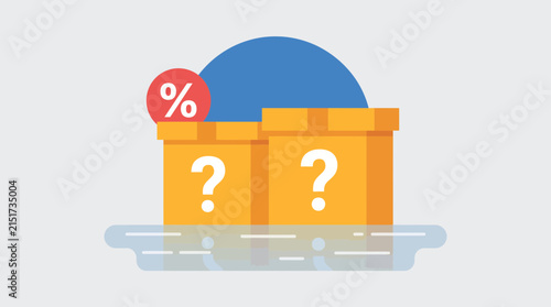 Cardboard boxes featuring question marks represent mystery products or surprise delivery items in a flat vector design.