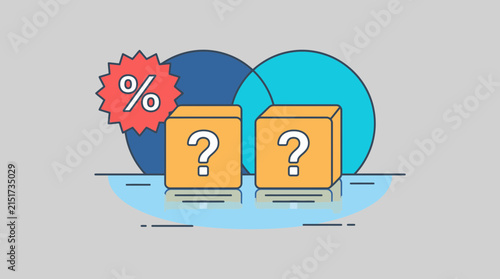 Mystery cubes marked with question marks and a discount symbol highlight a surprise retail marketing campaign.