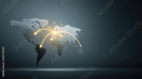 A modern digital world map highlights North America and Europe. Glowing trade routes and data points visualize transatlantic economic exchange on a dark backdrop.