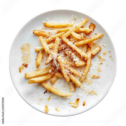 Half eaten garlic parmesan fries platter
