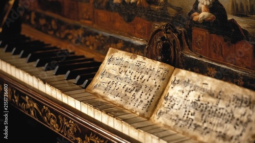 Elderly caucasian male composer in traditional attire holding sheet music