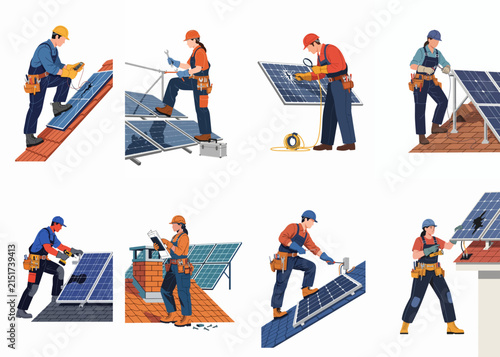 Collection of illustrations showing male and female technicians installing and maintaining solar panels on various residential and commercial rooftops.