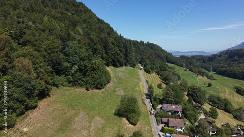 Drone footage focused on a large herd of cows moving down a mountain road from the Swiss Alps, illustrating traditional alpine livestock farming.