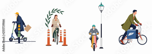 Diverse flat vector illustrations showing eco-friendly urban transportation modes like electric scooters, bicycles, mopeds, and cargo bikes for sustainable city commuting.