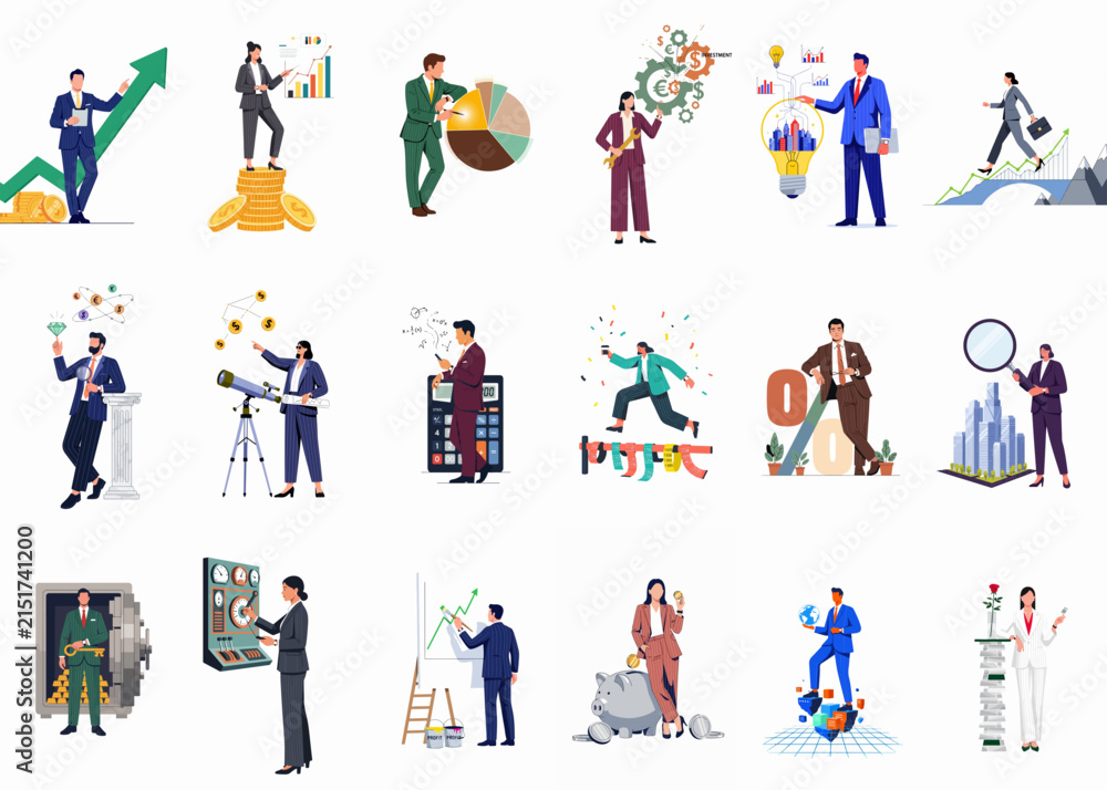 Naklejka premium Collection of diverse business characters and financial concepts illustrating growth, strategy, analysis, and success in a flat vector style.
