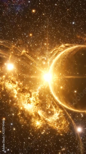 Golden Celestial Bodies Glowing in Dark Cosmos - This video depicts intertwined celestial bodies radiating a brilliant golden luminosity against the deep black expanse of the cosmos.