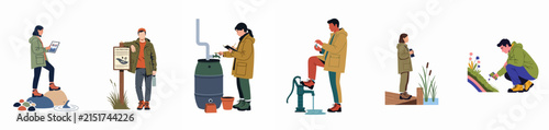 Set of flat vector illustrations of people performing various eco-friendly and environmental conservation activities related to water and nature.